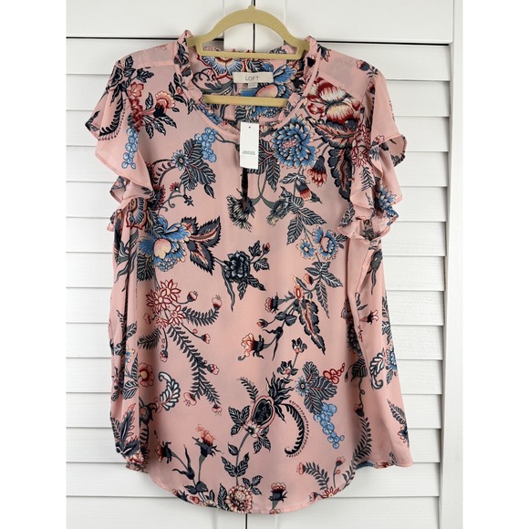 LOFT Tops - LOFT Blouse XXL Pink Floral Ruffle Sleeve Keyhole Neck NEW